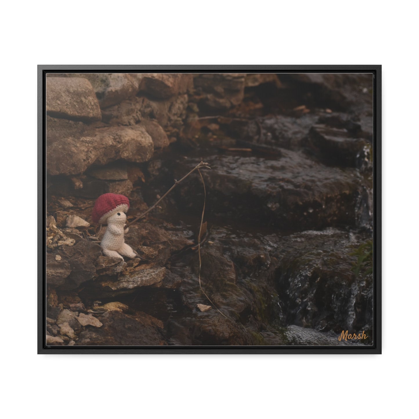 Fishing By The Falls Woolyshroom Canvas Wrap - Charming Fishing Scene