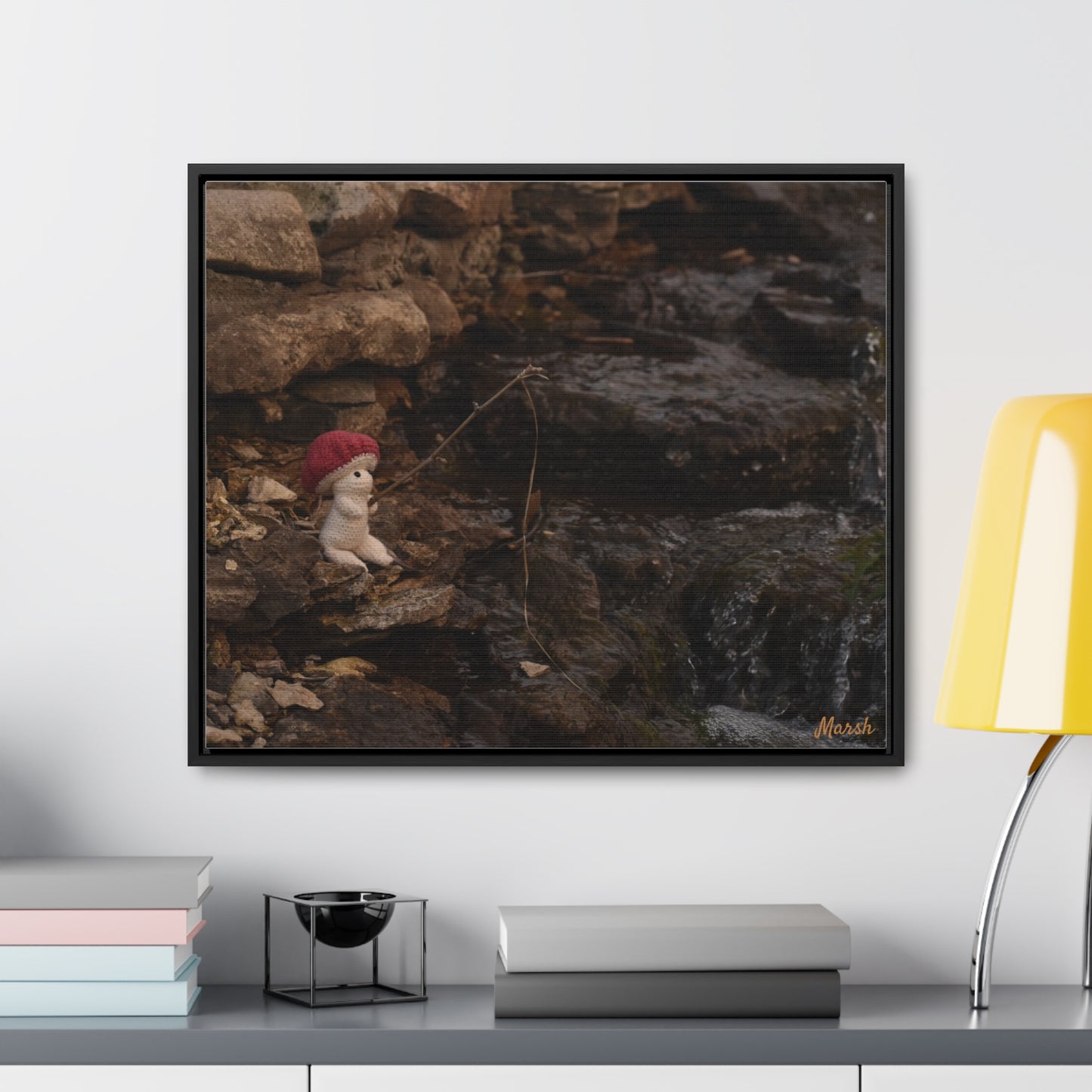 Fishing By The Falls Woolyshroom Canvas Wrap - Charming Fishing Scene