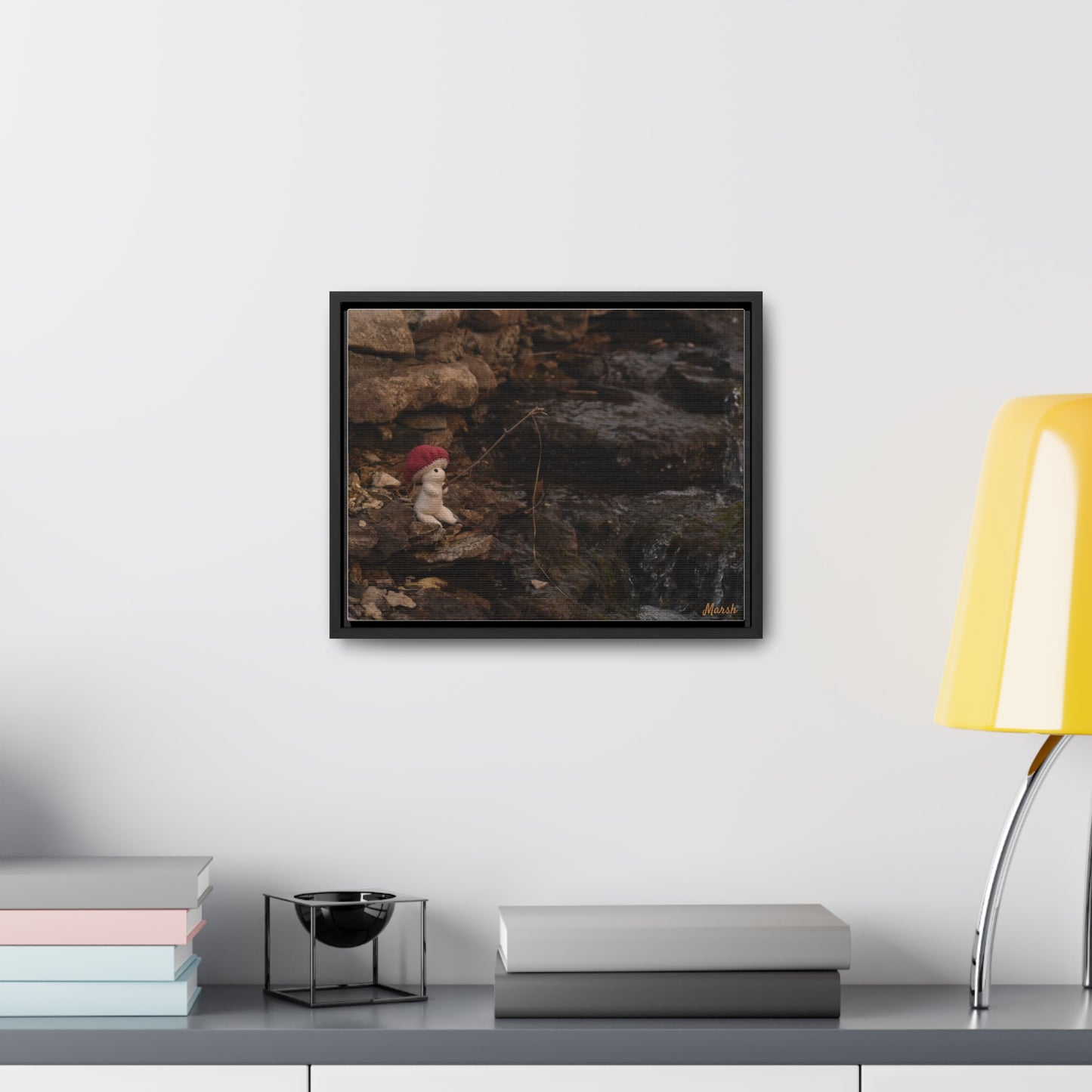 Fishing By The Falls Woolyshroom Canvas Wrap - Charming Fishing Scene