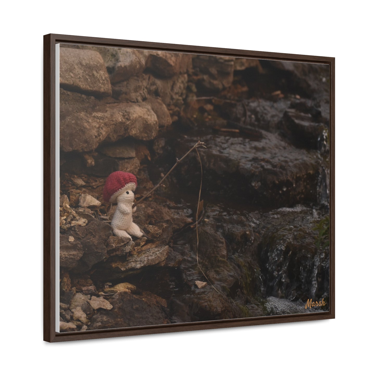 Fishing By The Falls Woolyshroom Canvas Wrap - Charming Fishing Scene