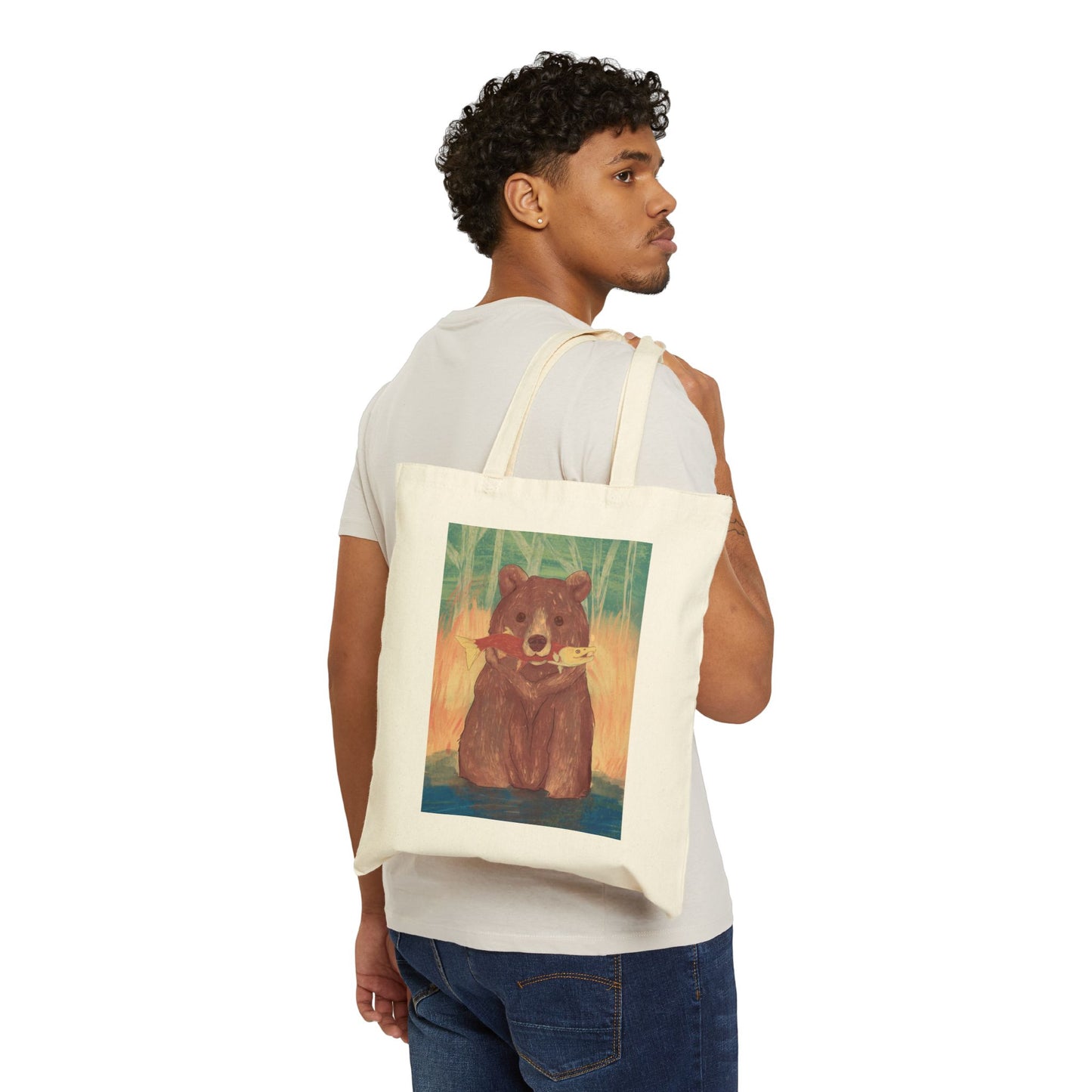 Canvas Tote Bag - Bear Fishing Illustration