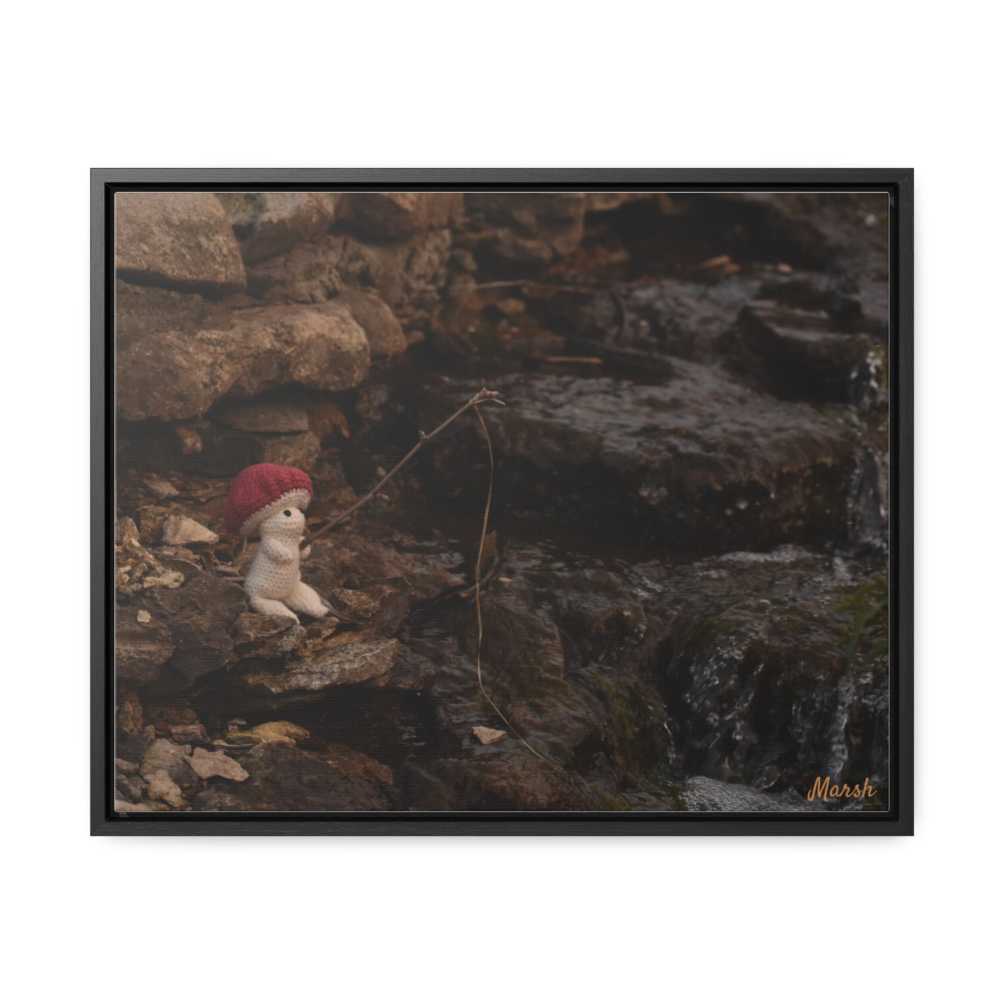 Fishing By The Falls Woolyshroom Canvas Wrap - Charming Fishing Scene