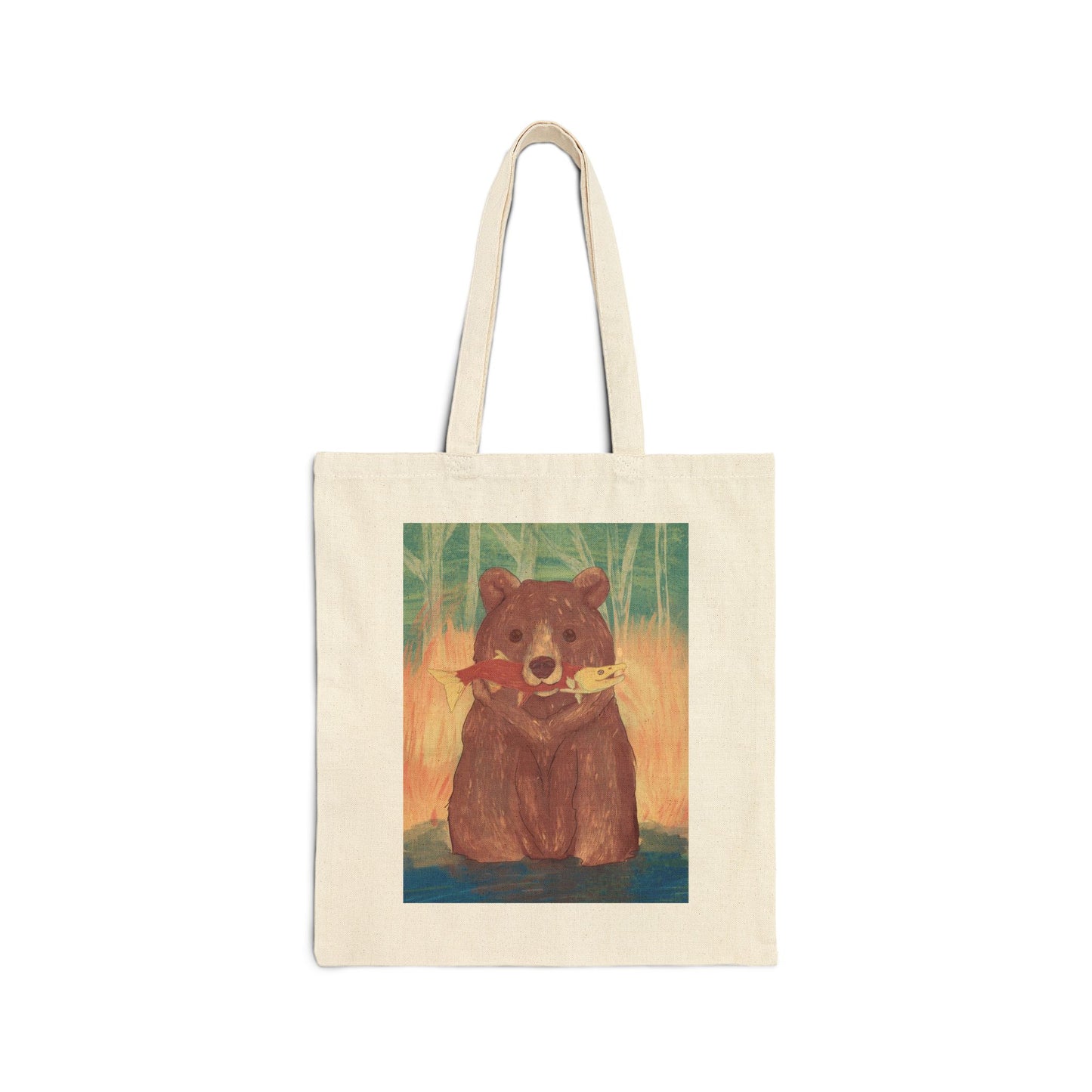 Canvas Tote Bag - Bear Fishing Illustration