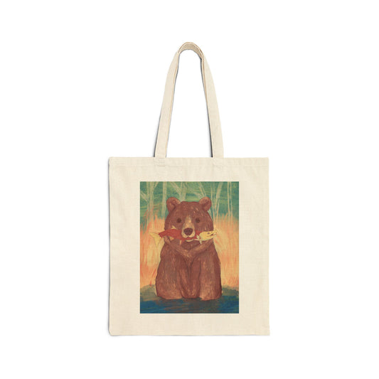 Canvas Tote Bag - Bear Fishing Illustration