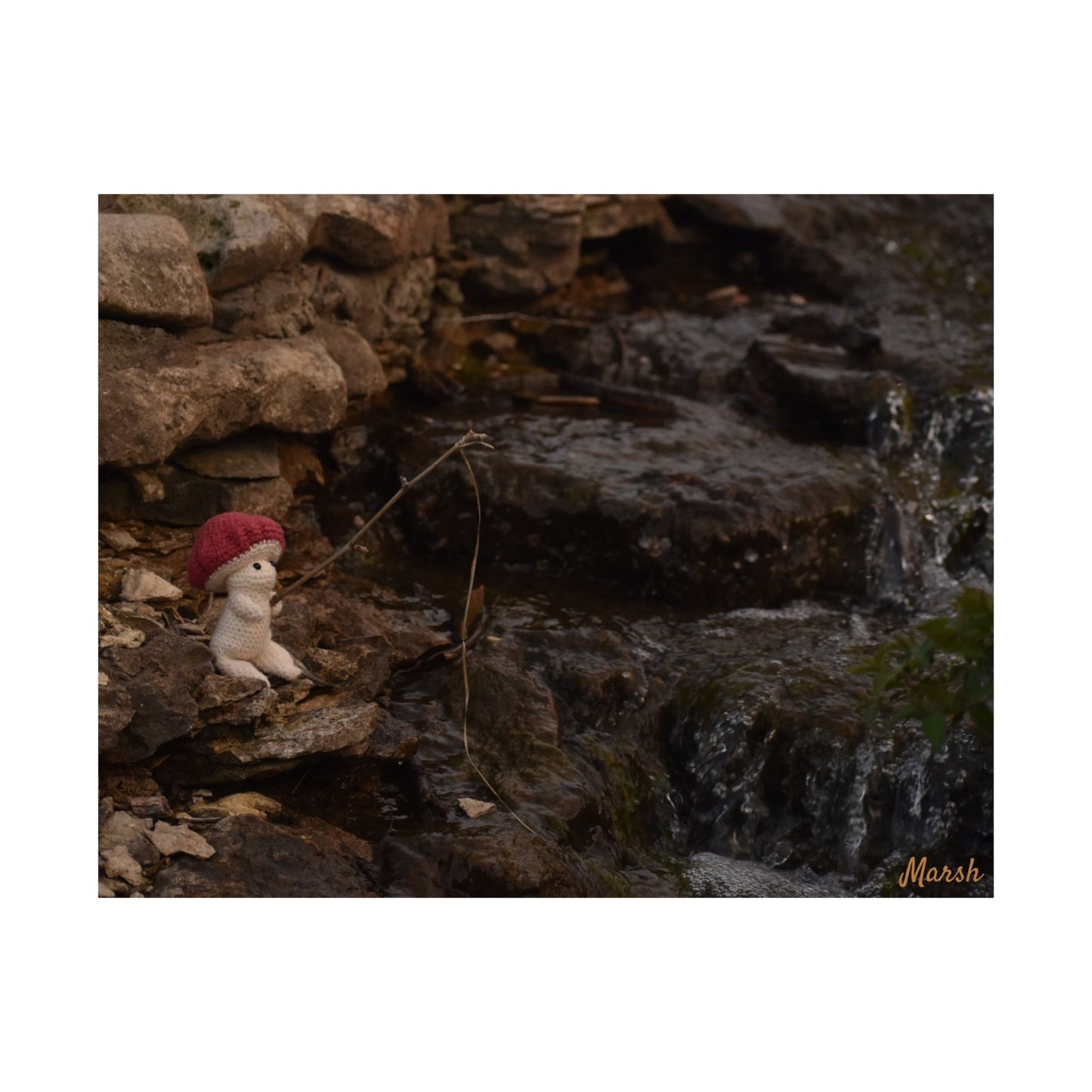 Fishing Woolyshroom Satin Poster - Mushroom Fishing by the Falls