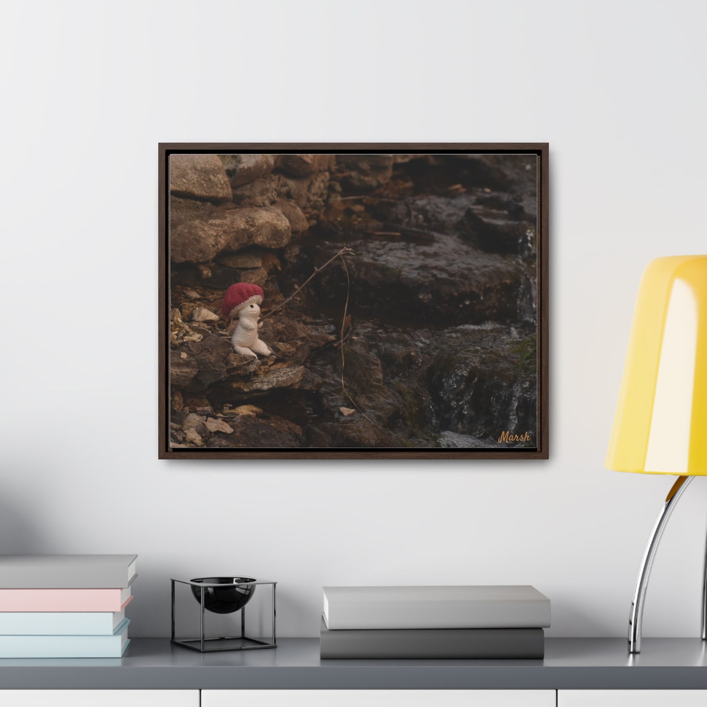 Fishing By The Falls Woolyshroom Canvas Wrap - Charming Fishing Scene