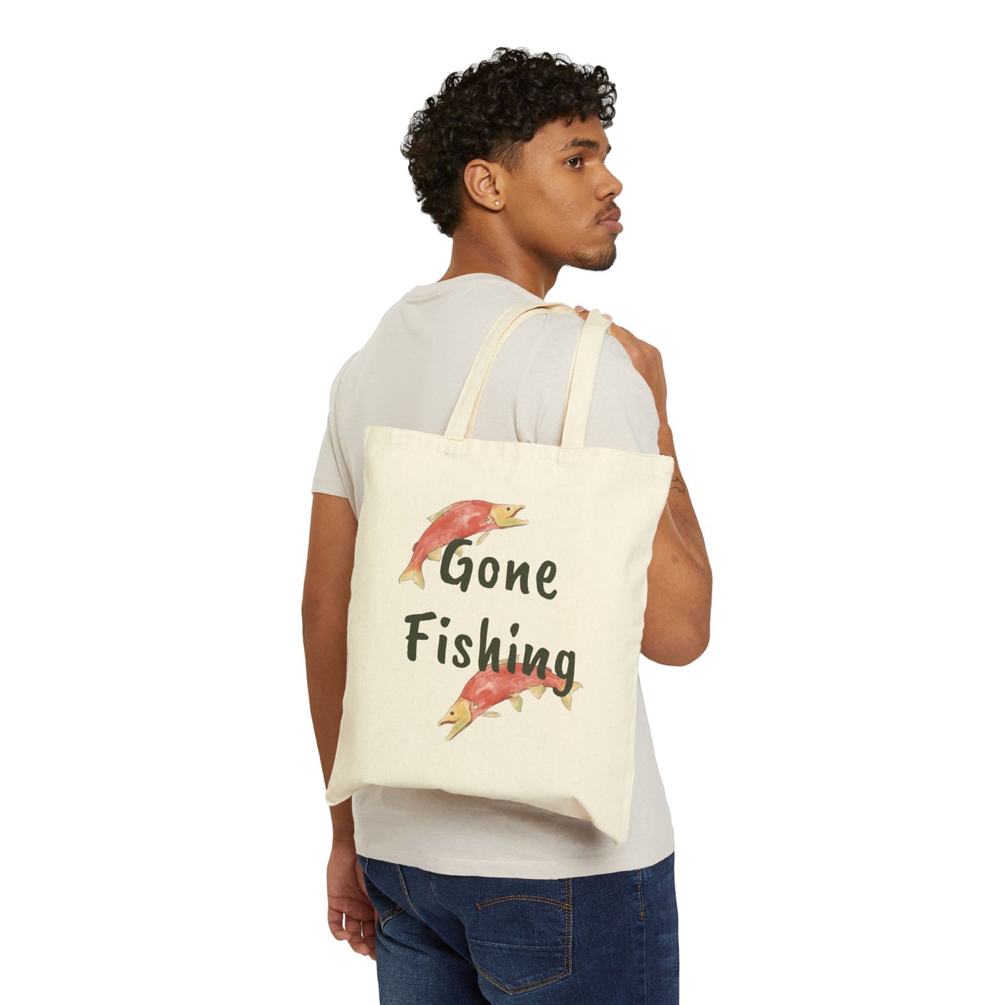 Canvas Tote Bag - Bear Fishing Illustration