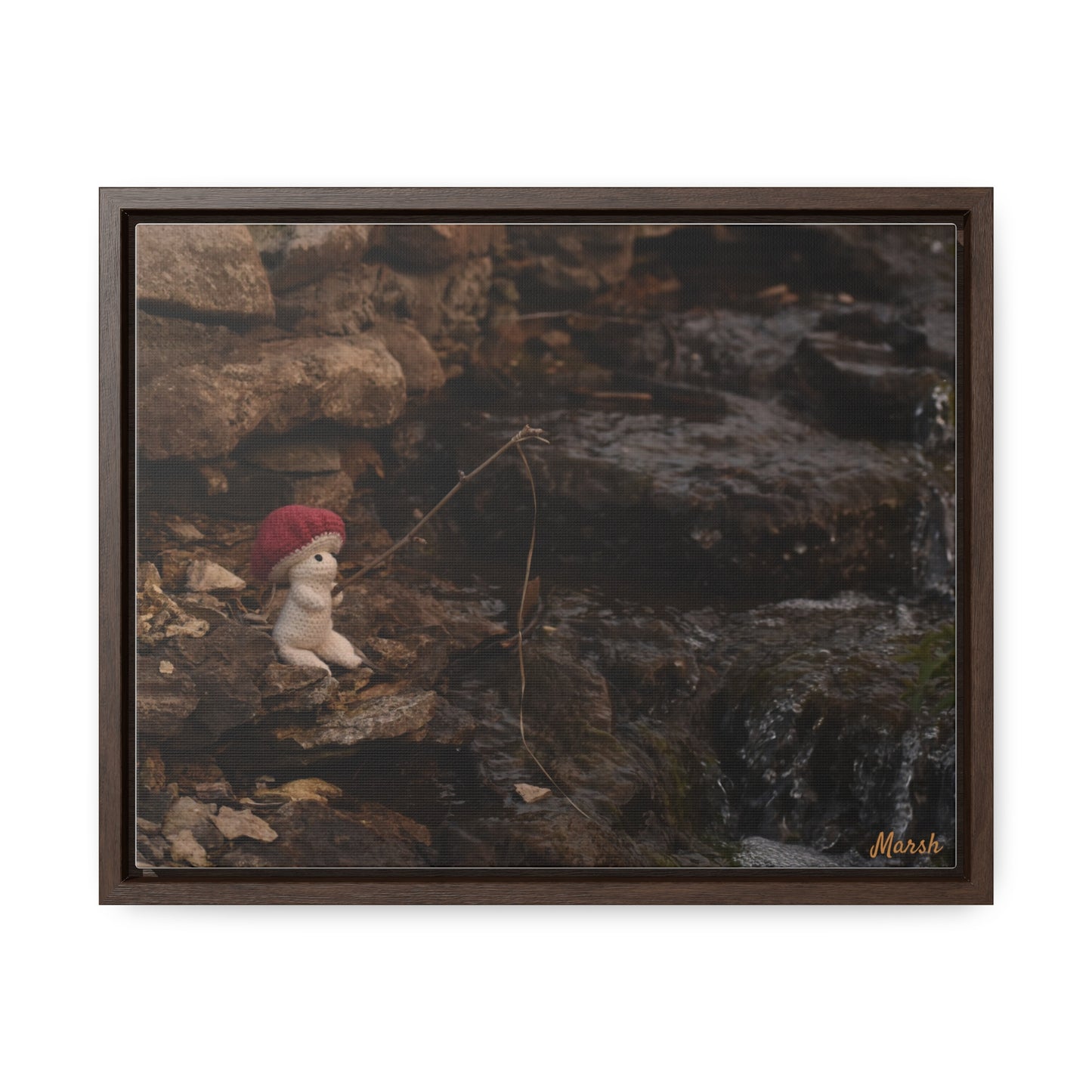 Fishing By The Falls Woolyshroom Canvas Wrap - Charming Fishing Scene